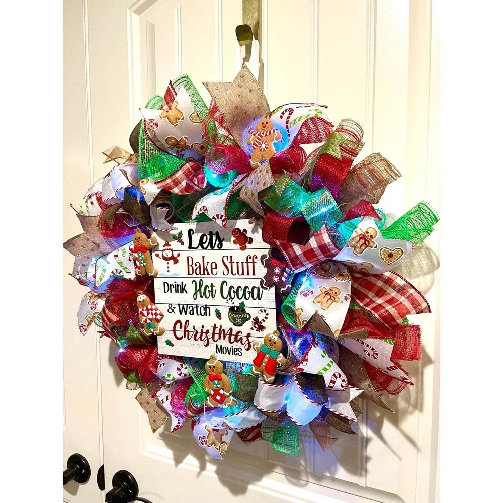Christmas Gingerbread Man Holiday Ribbon Door Wreath Handmade 22 ins LED W5
